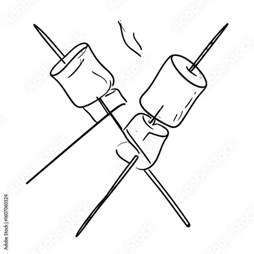 Hand-drawn sketch of three marshmallows on crossed sticks for roasting