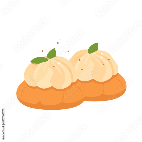 Pair of choux pastries with swirled cream, brown sprinkles, and fresh mint leaf garnish.