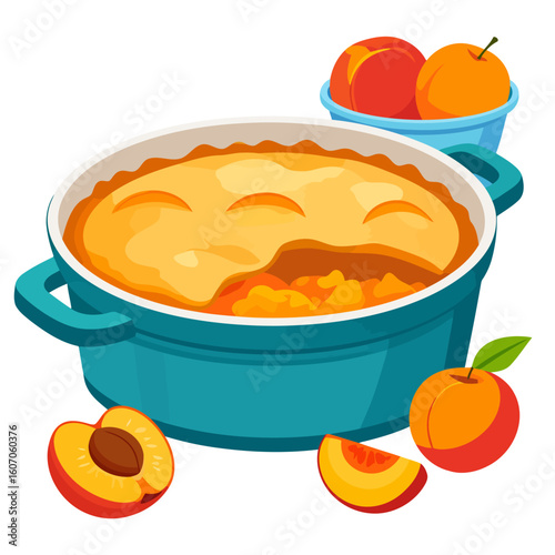 Vibrant illustration of a delicious peach cobbler in a teal Dutch oven with fresh peaches.