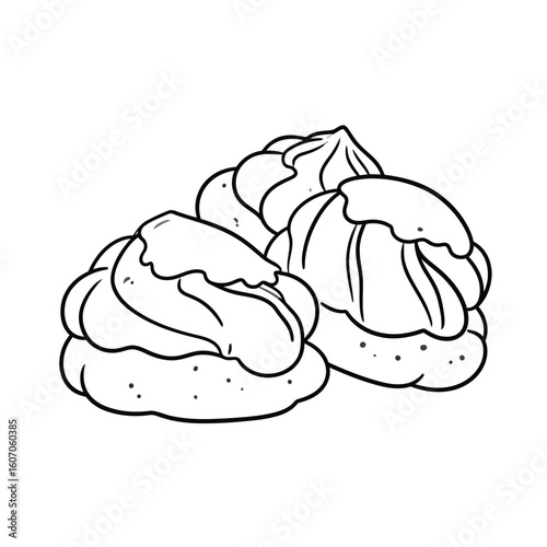 Minimalist line art of three swirled meringue desserts with a delicate glaze topping.