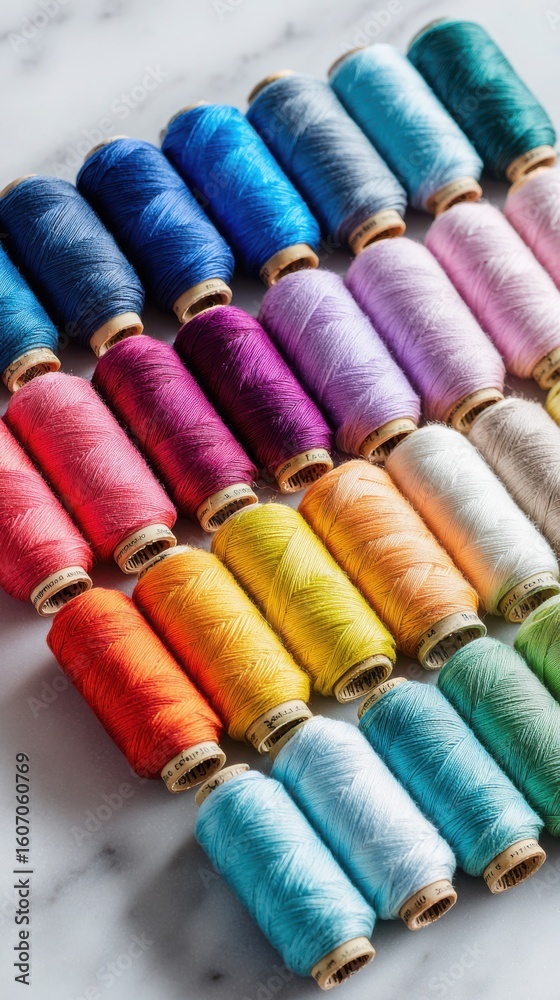 Vibrant collection of spools of thread in a rainbow of colors Vibrant collection of spools of thread in a rainbow of colors