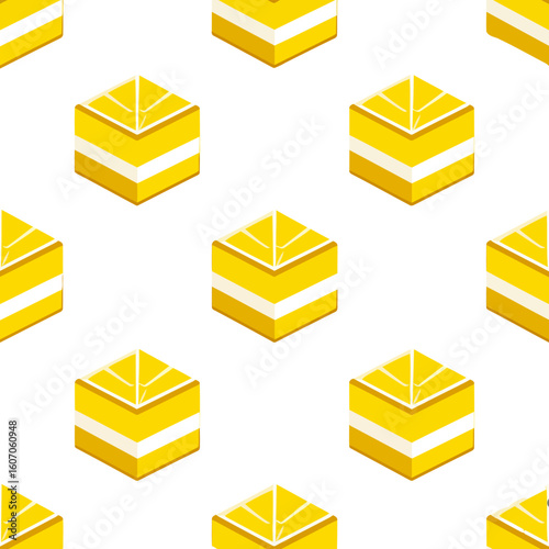 A stylized isometric cube of yellow lemon cake with a white cream layer and geometric top.