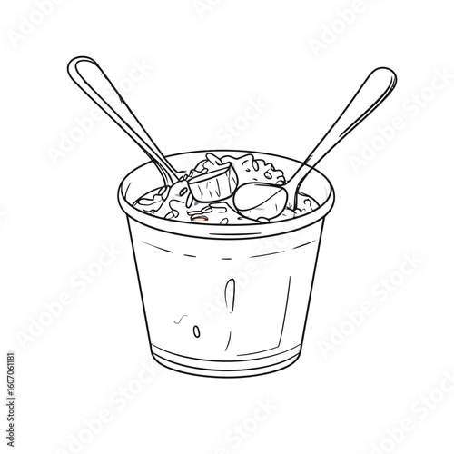 Hand-drawn sketch of a take-out cup filled with a chunky dessert, featuring two spoons.
