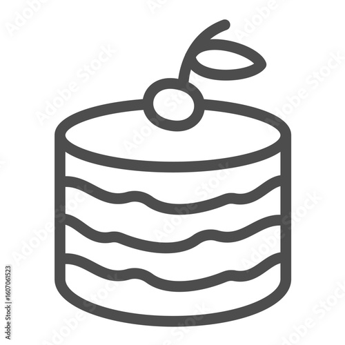 Puff cream cake line icon, desert sweets concept. Vector graphics. Delicious cake with cherry sign on white background, outline style icon for mobile or web design.