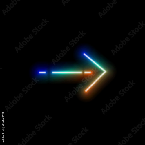 Bright red neon light arrows pointing to the right. 3D rendering of glowing neon arrows on a black background. Flashing direction indicators.