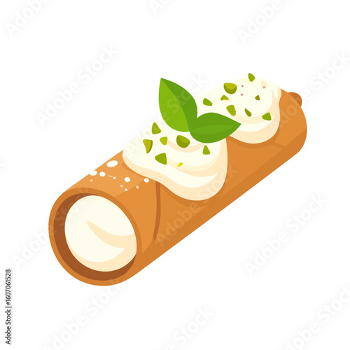 Crispy Italian cannoli pastry with sweet ricotta cream, garnished with chopped pistachios and fresh mint.