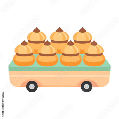 Flat design illustration of a mobile street food cart with rows of golden-yellow traditional sweets.
