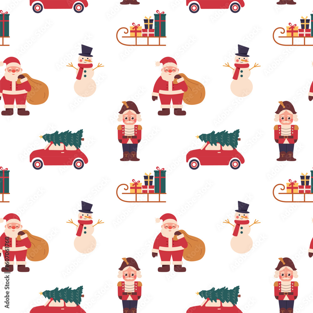 Naklejka premium Christmas pattern with Christmas tree with car, Santa Claus, snowman,Nutcracker, gifts on light background.Seamless vector background for textiles, wallpapers and festive decorations.