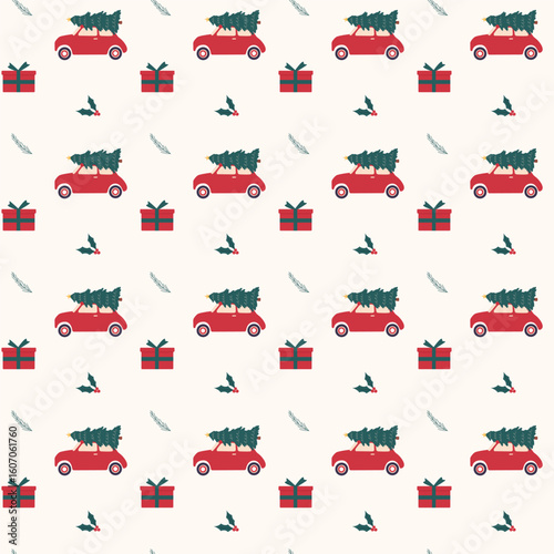 Christmas pattern with car with Xmas tree, ornaments, gifts on vintage background.Seamless vector background for textiles, wallpapers and festive decorations.
