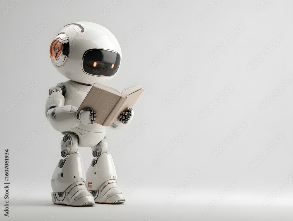 Naklejka premium humanoid robot holding book, standing alone, minimal presentation