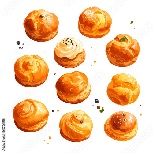 An assortment of golden-brown cream puffs, illustrated in a painterly style with various toppings.