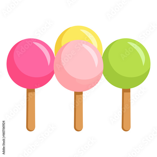 Set of four colorful round ice pops with shiny highlights on wooden sticks.