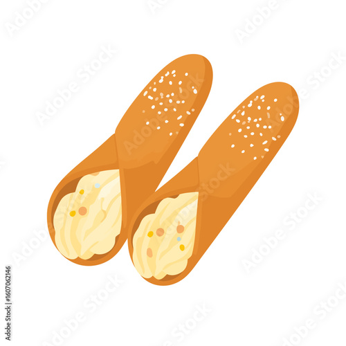 Two classic Italian cannoli with creamy ricotta filling and sugar sprinkles.