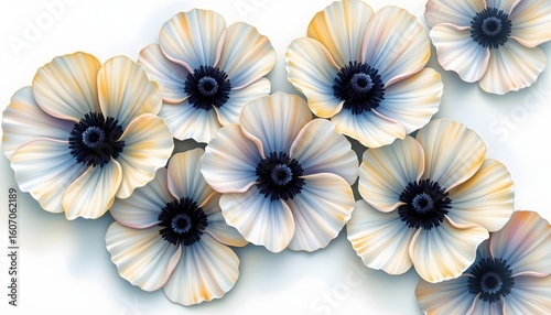 dreamy watercolor painting of white anemones with their dark centers, floating in a sea of soft white.