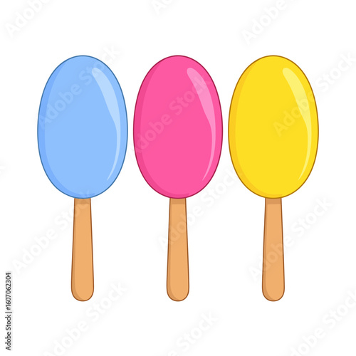 Trio of colorful oval-shaped cartoon popsicles on wooden sticks, featuring blue, pink, and yellow glossy ice pops.