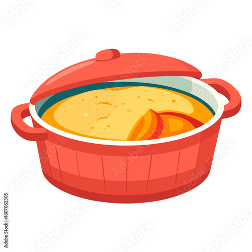 Vibrant red ceramic casserole dish filled with a freshly baked peach cobbler dessert.