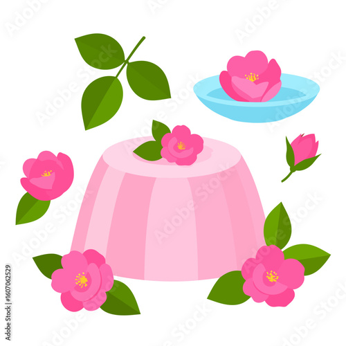 A flat vector illustration set of a pink jelly pudding dessert with camellia flowers, buds, and leaves.