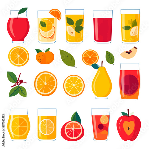 Vibrant collection of fresh fruits and juices in a modern, flat illustration style.