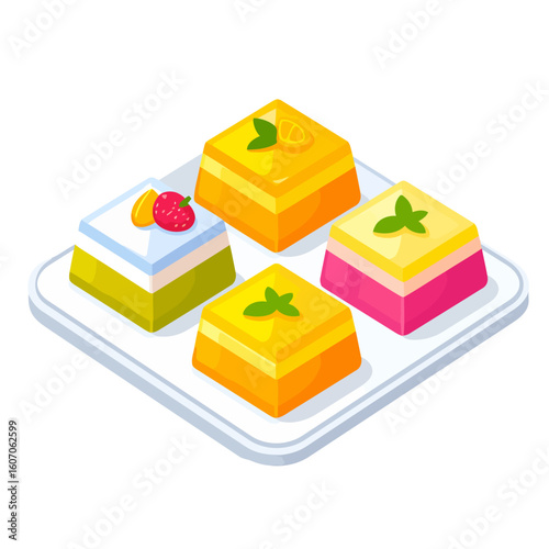 Colorful layered jelly desserts with fruit and mint garnish on a tray.