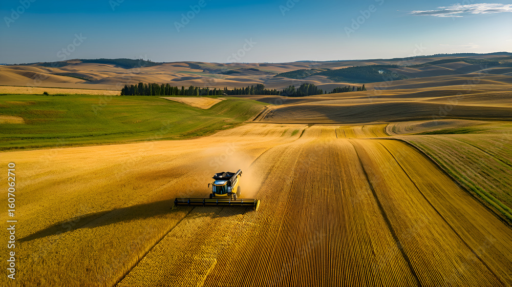 Fototapeta premium Combine harvester harvesting wheat in palouse region at sunset