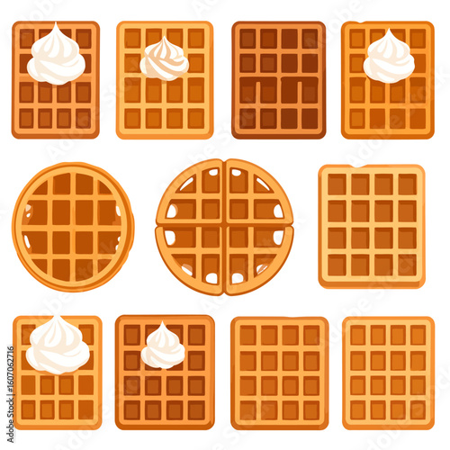 A delicious set of cartoon Belgian waffles, round and square, plain or with whipped cream topping.