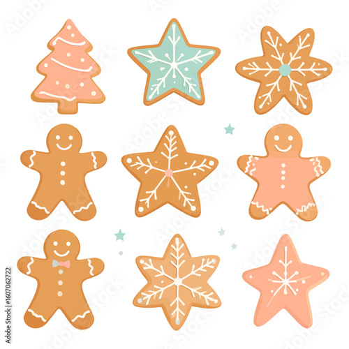 Assortment of festive gingerbread cookies, including stars, a tree, and smiling gingerbread men, decorated with white, pink, and blue icing.