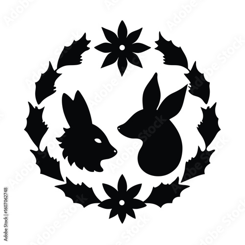 Fox and Rabbit Heads in a Holly Circle Banner or Advertisement Design