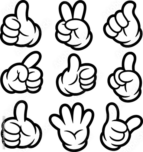 Cartoon hands showing various gestures and approvals thumbs