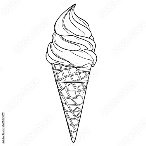 Hand-drawn sketch of a swirled soft-serve ice cream in a textured waffle cone.