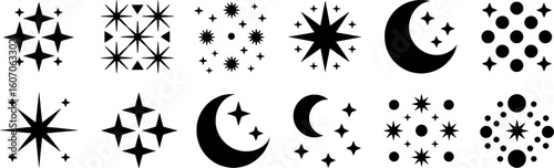 Celestial bodies and geometric star patterns vector silhouette