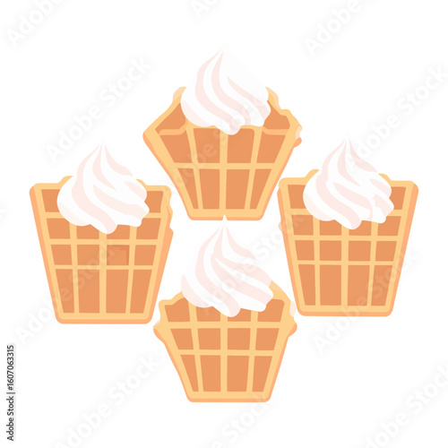 A collection of four golden-brown Belgian waffles topped with fluffy whipped cream swirls.