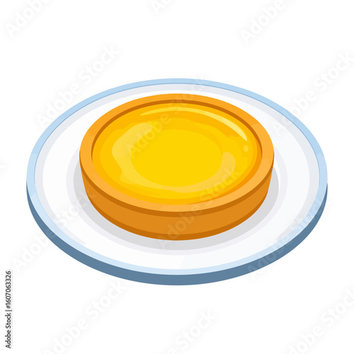 A shiny yellow custard tart with a golden crust, served on a simple white and blue plate.