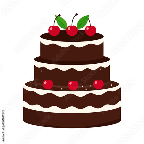Three-tiered chocolate cake illustration with white frosting and red cherry decorations.