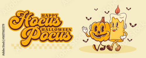 Halloween Groovy Pumpkin with Candle Hocus Pocus Retro Characters Banner. Cartoon Spooky Personage Walking and Smiling. Vector Autumn Holiday Mascot Template. Happy Vintage Cool Illustration Isolated