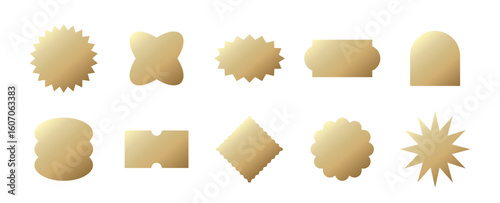 Gold Stickers Set. y2k Golden Holograph Textured Geometric Seal Mark Shapes Collection. Vector Circle, Star and Square Medal Shiny Iridescent Certificate Tags Templates. Isolated