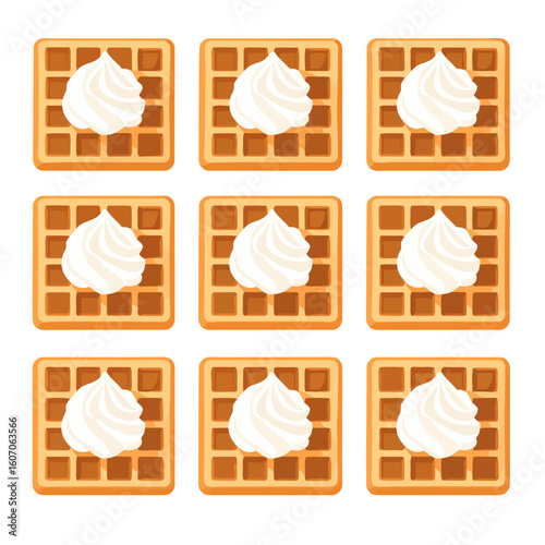 Collection of golden-brown square waffles topped with a swirl of white whipped cream.