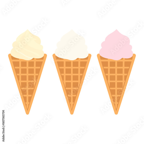 Trio of soft serve ice cream cones in vanilla, cream, and strawberry flavors with textured waffle cone.