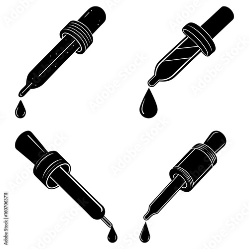 Four black and white dropper illustrations with liquid droplets in a square arrangement style image