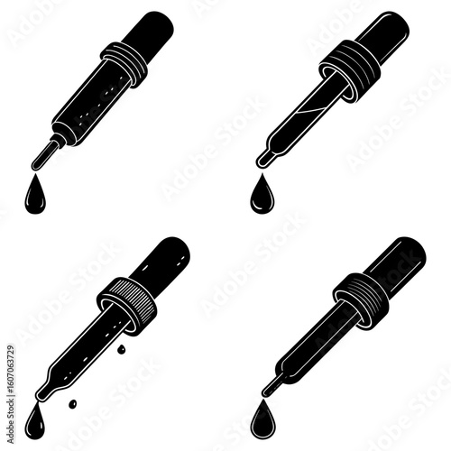 Four black and white dropper illustrations with liquid droplets in a square arrangement design view