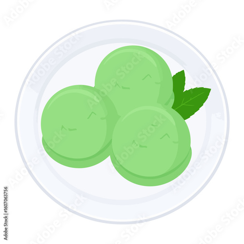 Three scoops of light green ice cream, possibly mint or pistachio, served on a white plate and garnished with fresh mint leaves.