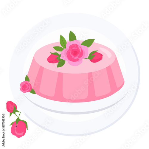 Elegant pink pudding dessert garnished with fresh pink roses and buds. A delicate, sweet, and floral treat on a white plate.