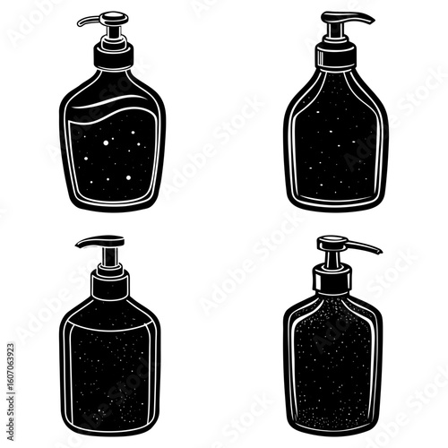 Four hand sanitizer bottles with pump dispensers in black and white vector illustration style design