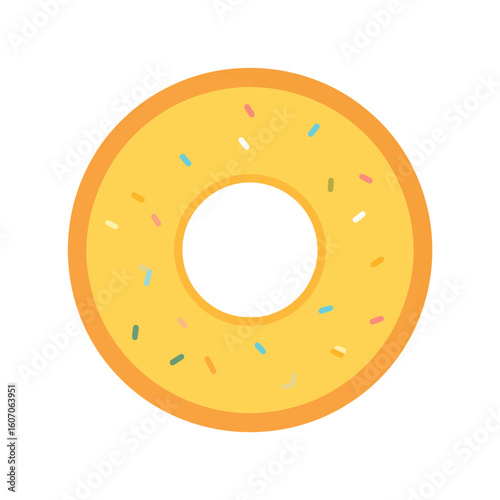 Cartoon ring donut with yellow frosting and colorful candy sprinkles, flat vector style.