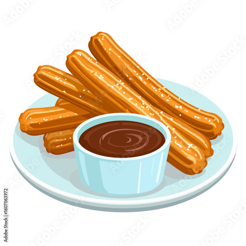 Crispy golden churros sprinkled with sugar, served on a plate with a rich chocolate dipping sauce.