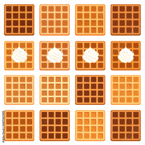 Set of square Belgian waffles in various shades, from golden to dark brown, some with a dollop of whipped cream.