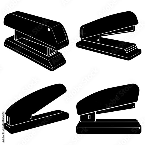 Illustration of four black staplers in different orientations on a white background design element art