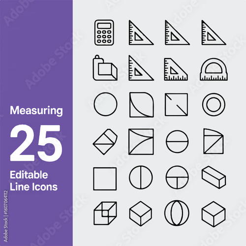 A minimalist icon set collection of measuring tools and geometric shapes in a line art style.