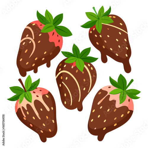 Set of five cartoon chocolate-covered strawberries with dripping glaze and decorative white chocolate drizzle.