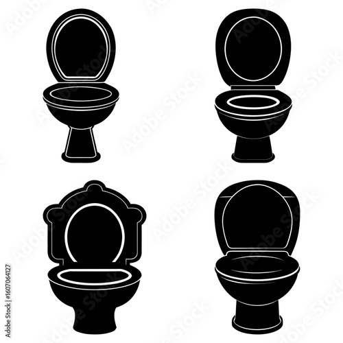 Four toilet variations in black silhouette with open lids arranged on a white background image view