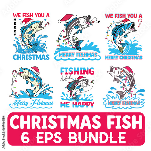 Christmas Fish EPS Bundle – Funny Holiday Fishing Vector Set (6 Designs)

